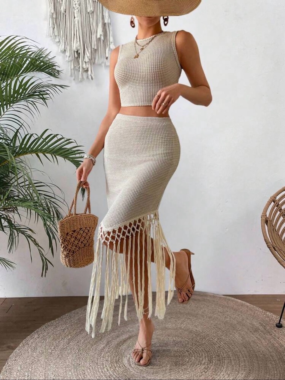 Boho Crochet Knit Two-Piece Skirt Set with Fringe